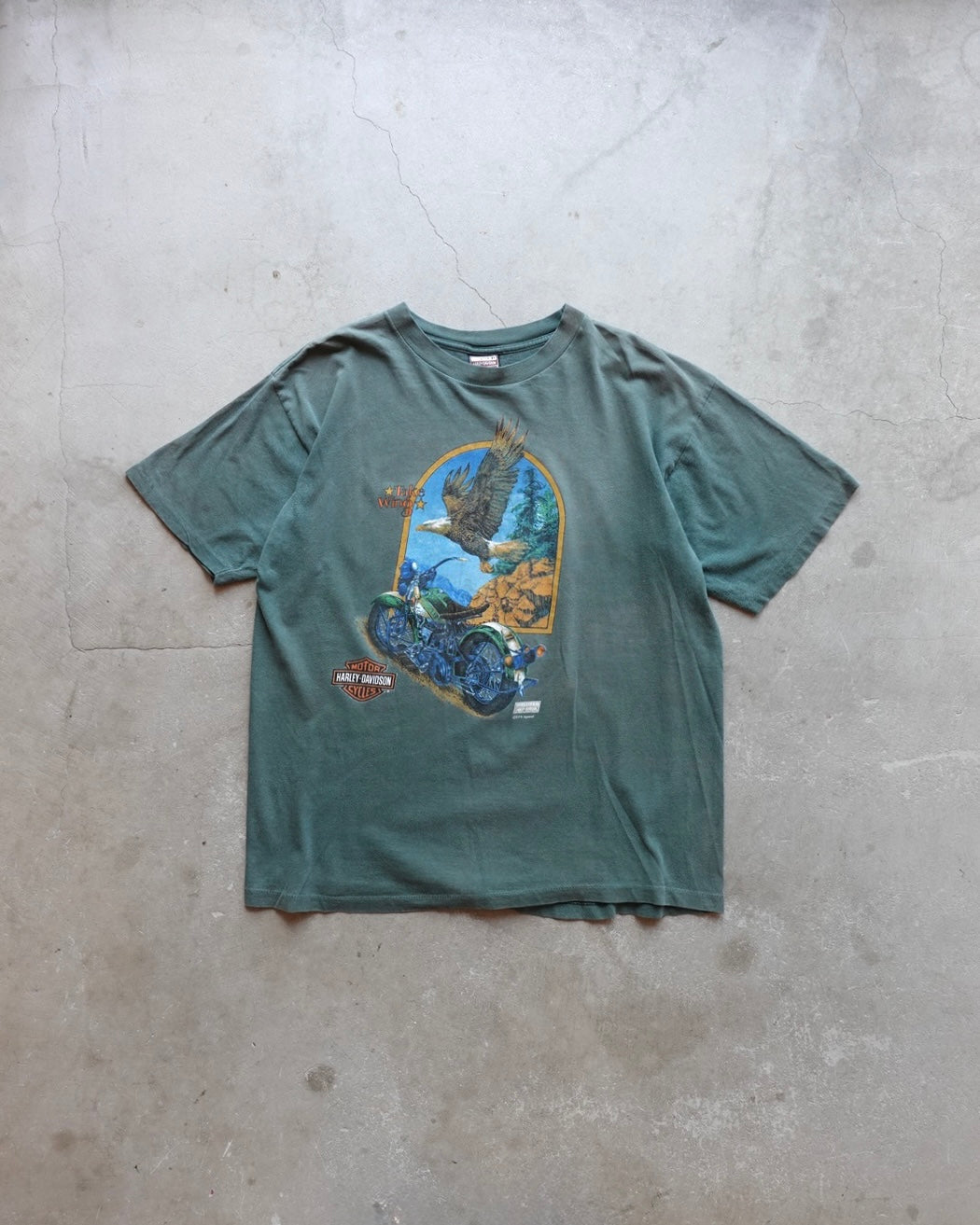 90s Harley-Davidson Eagle Arch Tee Faded Green / Made in USA