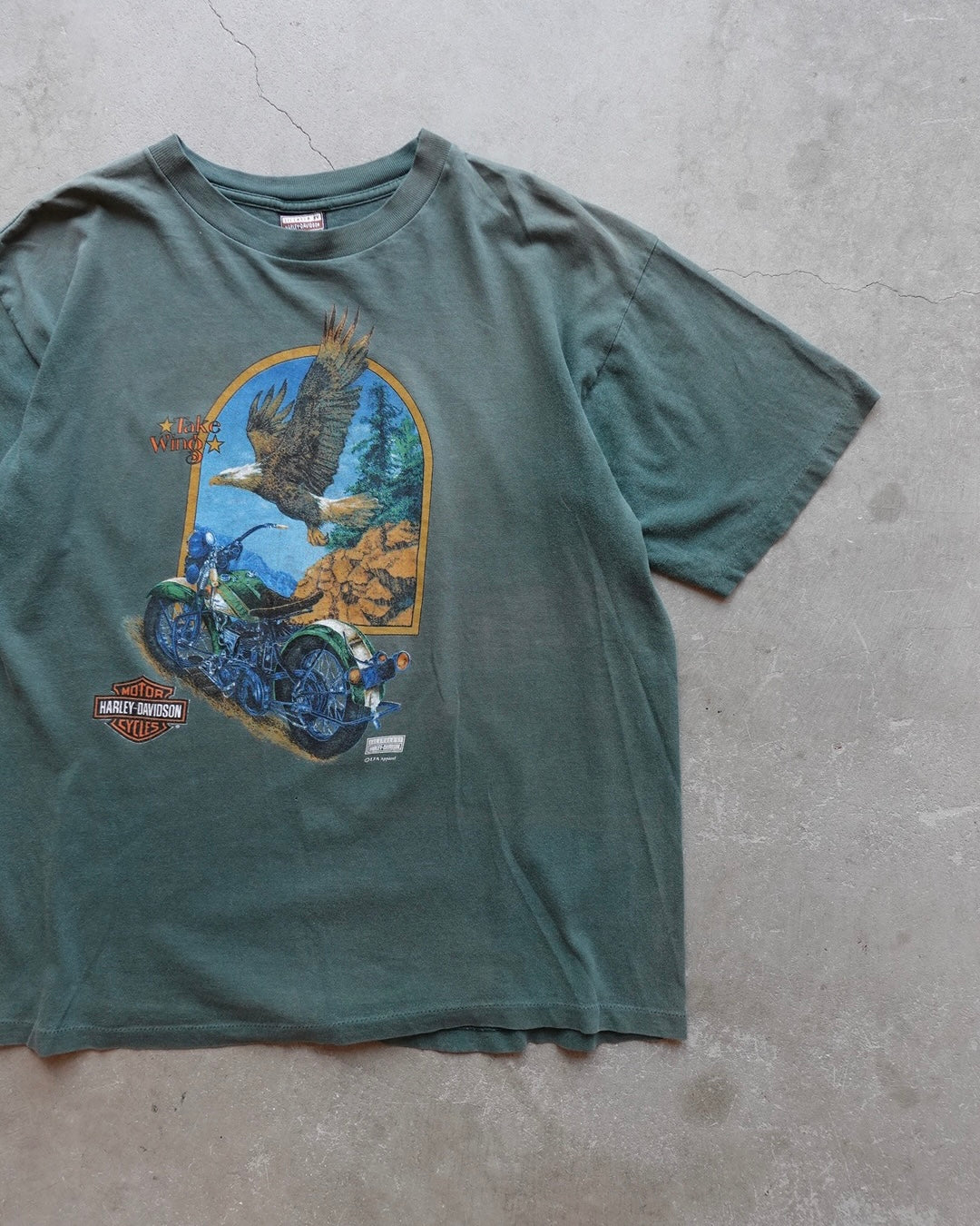 90s Harley-Davidson Eagle Arch Tee Faded Green / Made in USA